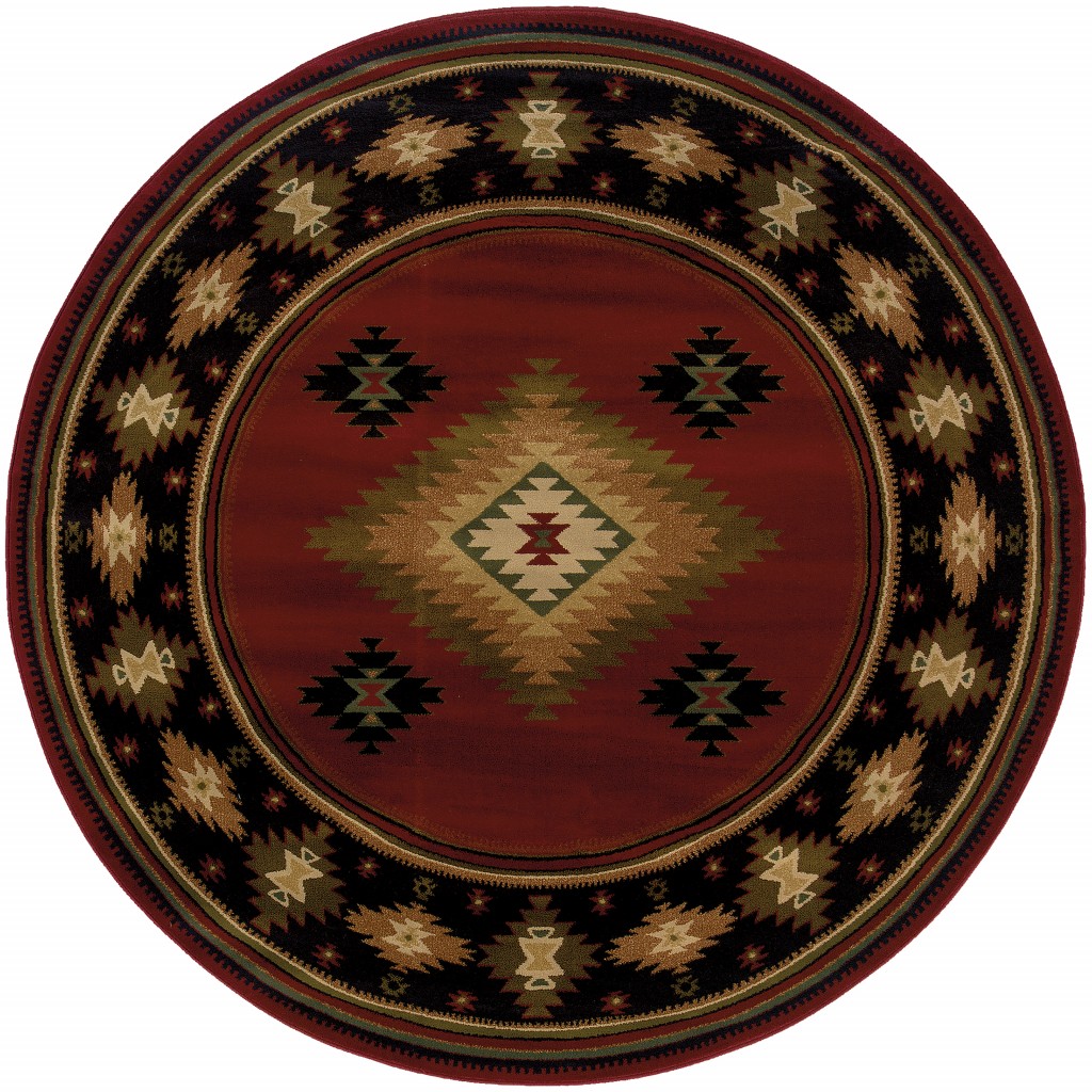 8’ Round Red And Beige Ikat Pattern Area Rug-387973-1