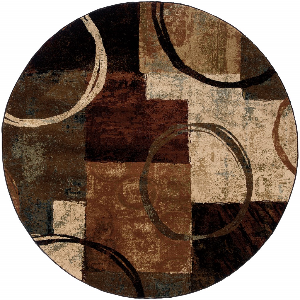 8’ Round Brown And Black Abstract Geometric Area Rug-387975-1