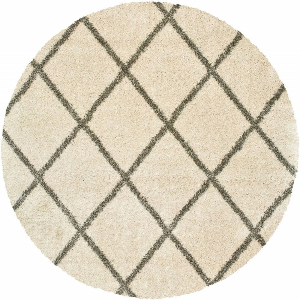 8’ Round Ivory And Gray Geometric Lattice Area Rug