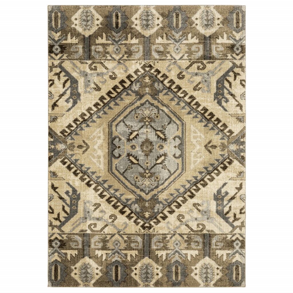 5’ X 8’ Tan And Gold Central Medallion Indoor Area Rug-388041-1