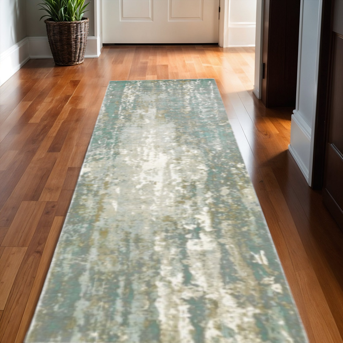 3' X 10' Blue And Gray Abstract Splash Indoor Runner Rug-388057-1