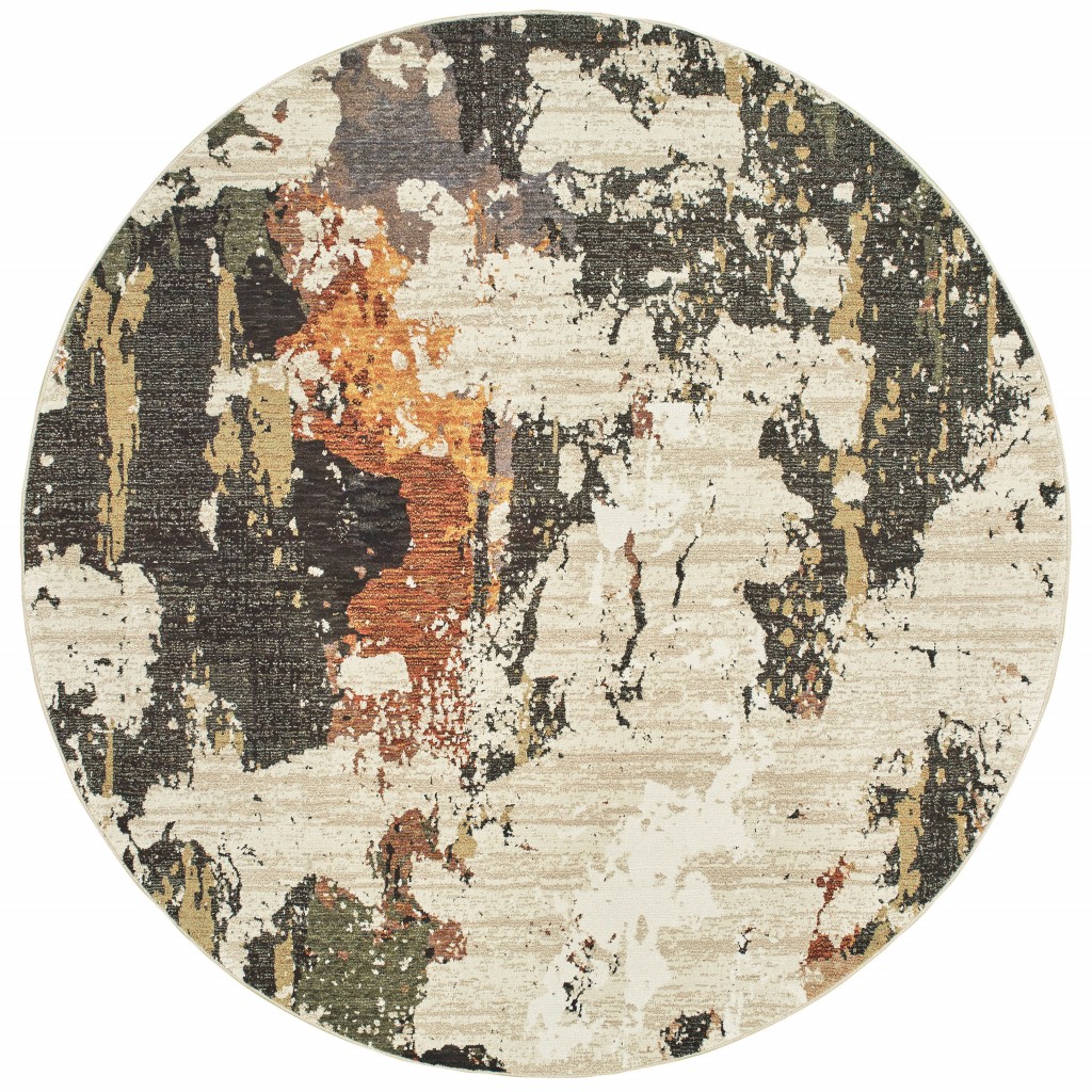 8’ Round Abstract Weathered Beige And Gray Indoor Area Rug-388073-1
