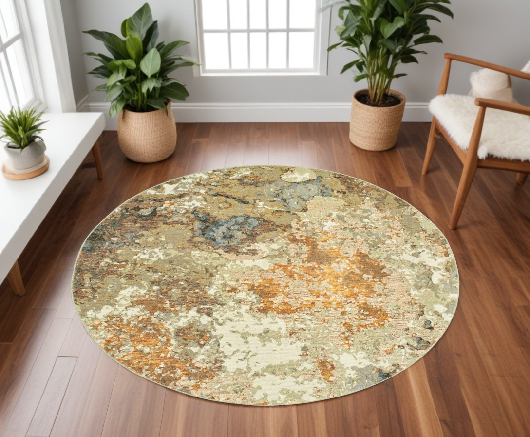 8' Gold and Ivory Round Power Loom Area Rug-388075-1