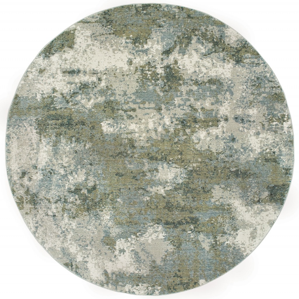 8’ Round Blue And Sage Distressed Waves Indoor Area Rug-388077-1