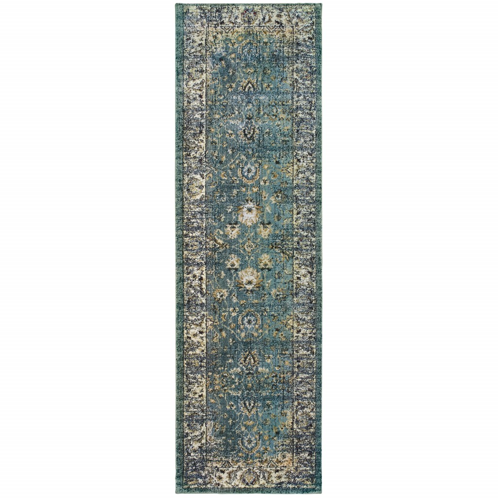 2" X 8" Peacock Blue And Ivory Indoor Runner Rug