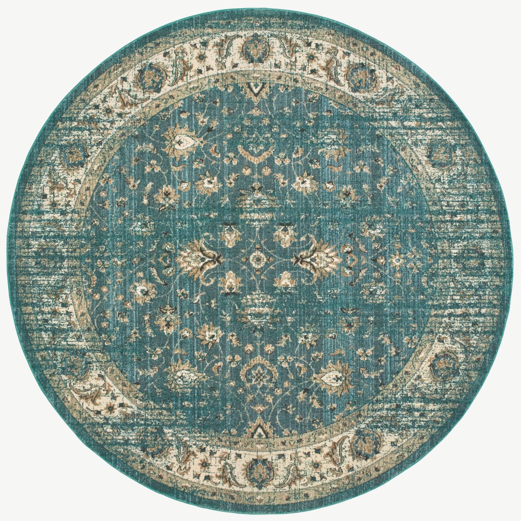 8’ Round Peacock Blue And Ivory Indoor Area Rug-388179-1