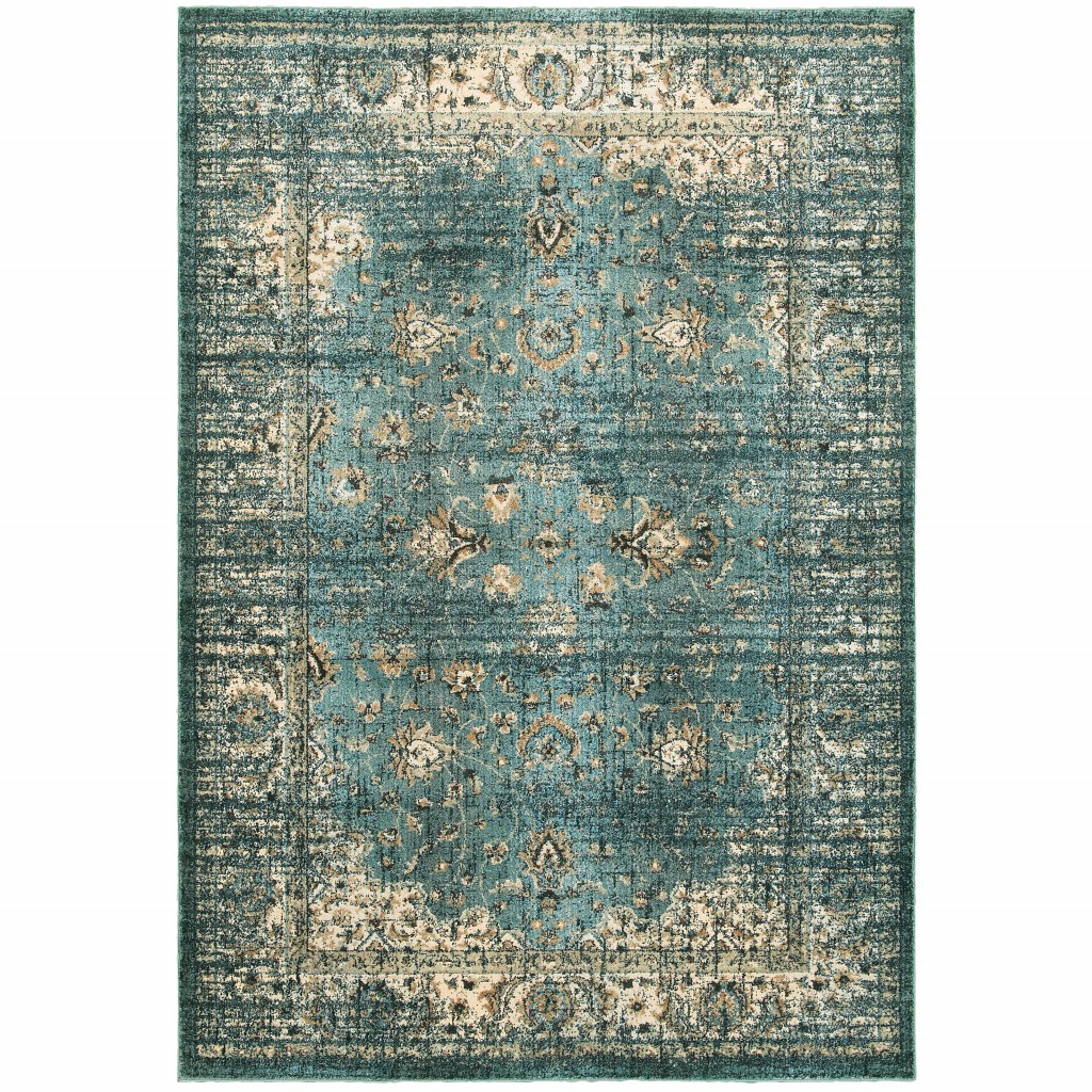 10" X 13" Peacock Blue And Ivory Indoor Area Rug