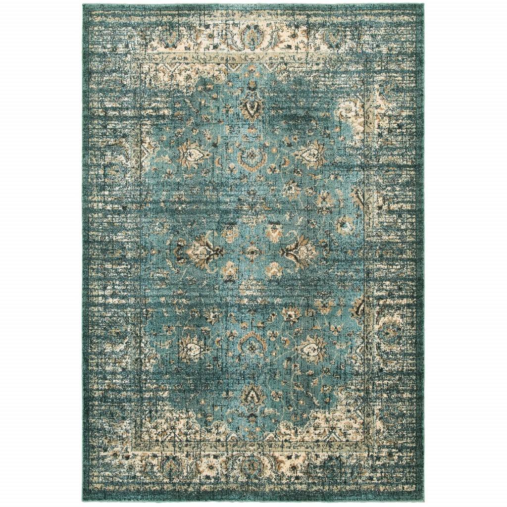 10" X 13" Peacock Blue And Ivory Indoor Area Rug