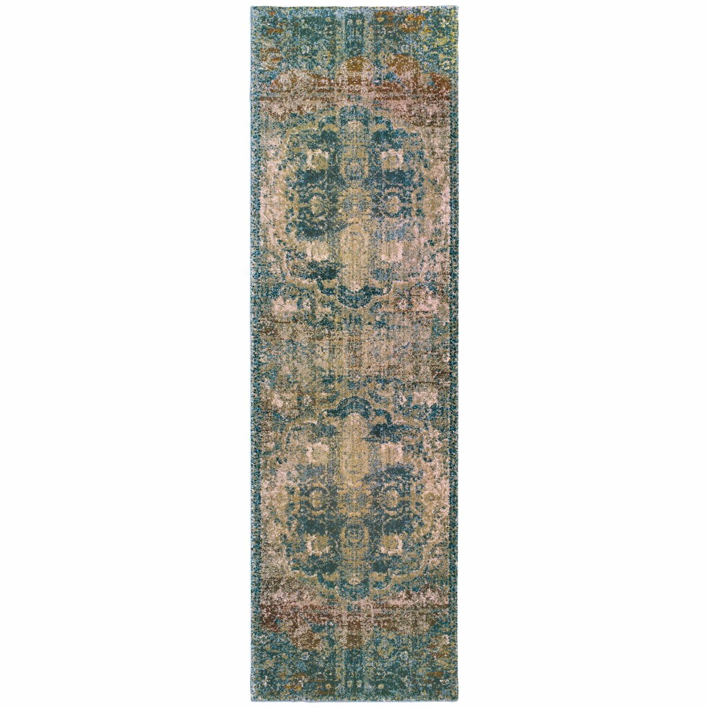 2’ X 8’ Sand And Blue Distressed Indoor Runner Rug-388188-1