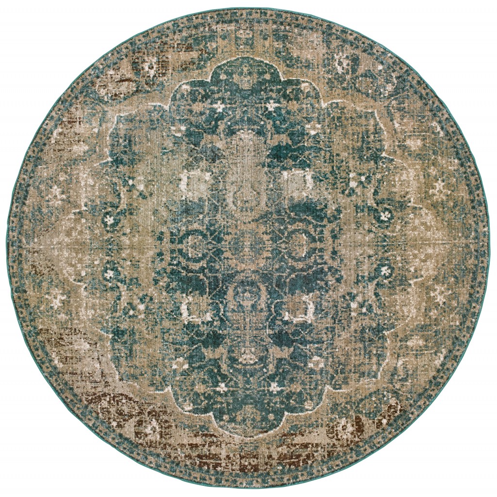 8’ Round Sand And Blue Distressed Indoor Area Rug-388193-1