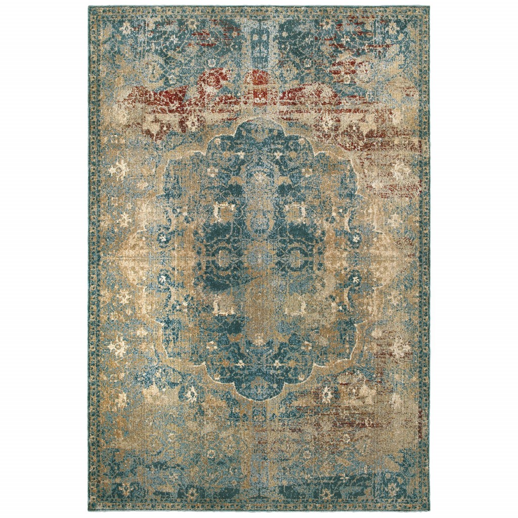 10’ X 13’ Sand And Blue Distressed Indoor Area Rug-388194-1