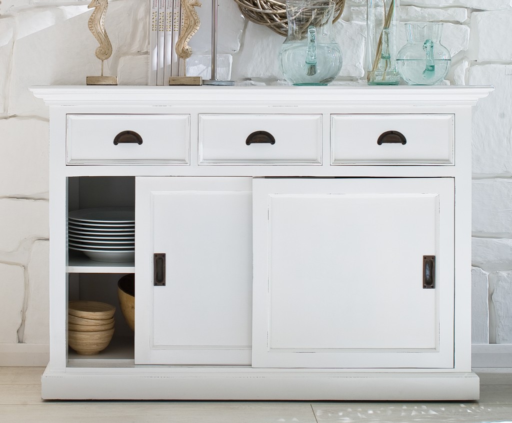 Modern Farmhouse White Buffet Server with Sliding Doors