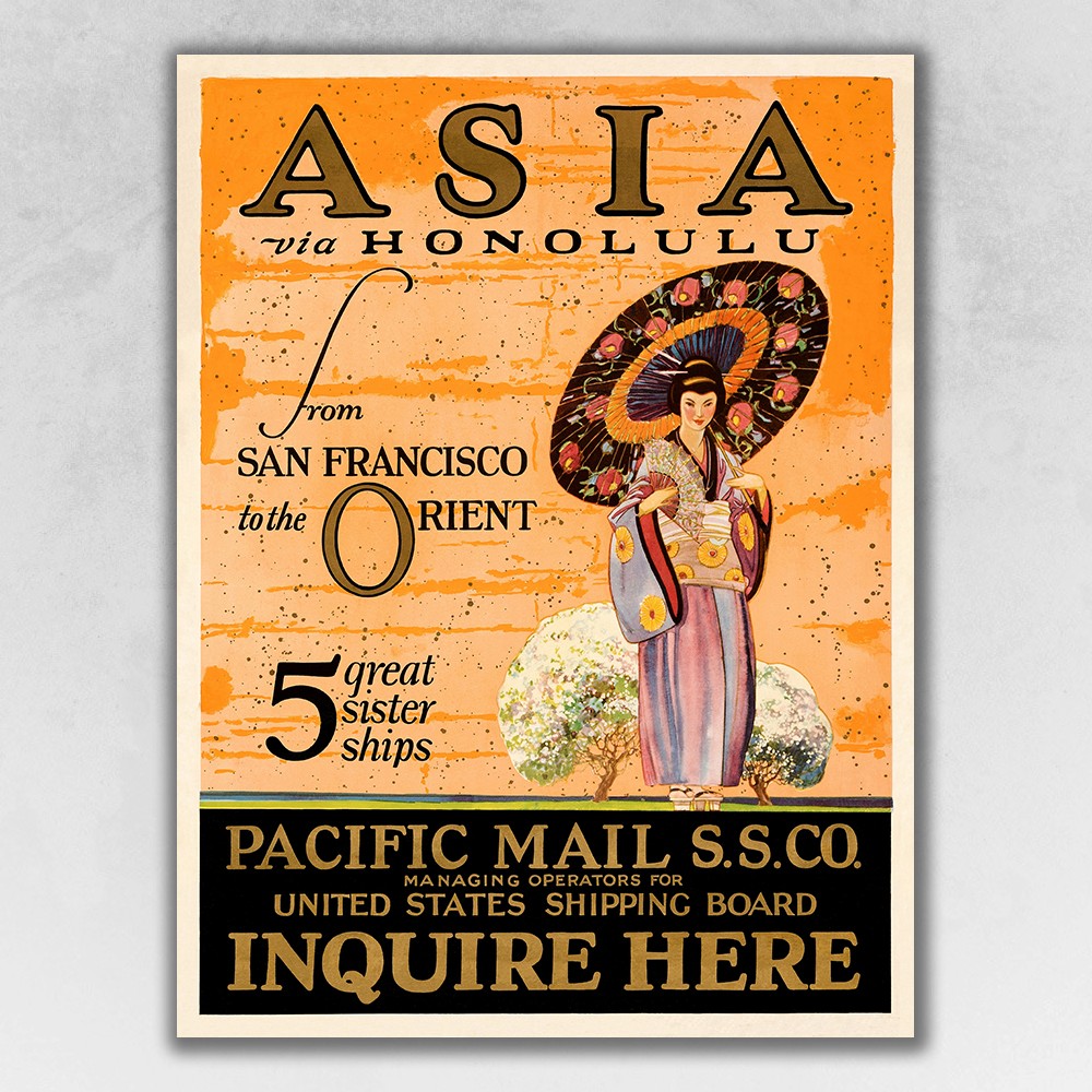 Asia Via Honolulu Vintage Travel Unframed Print Wall Art-388269-1