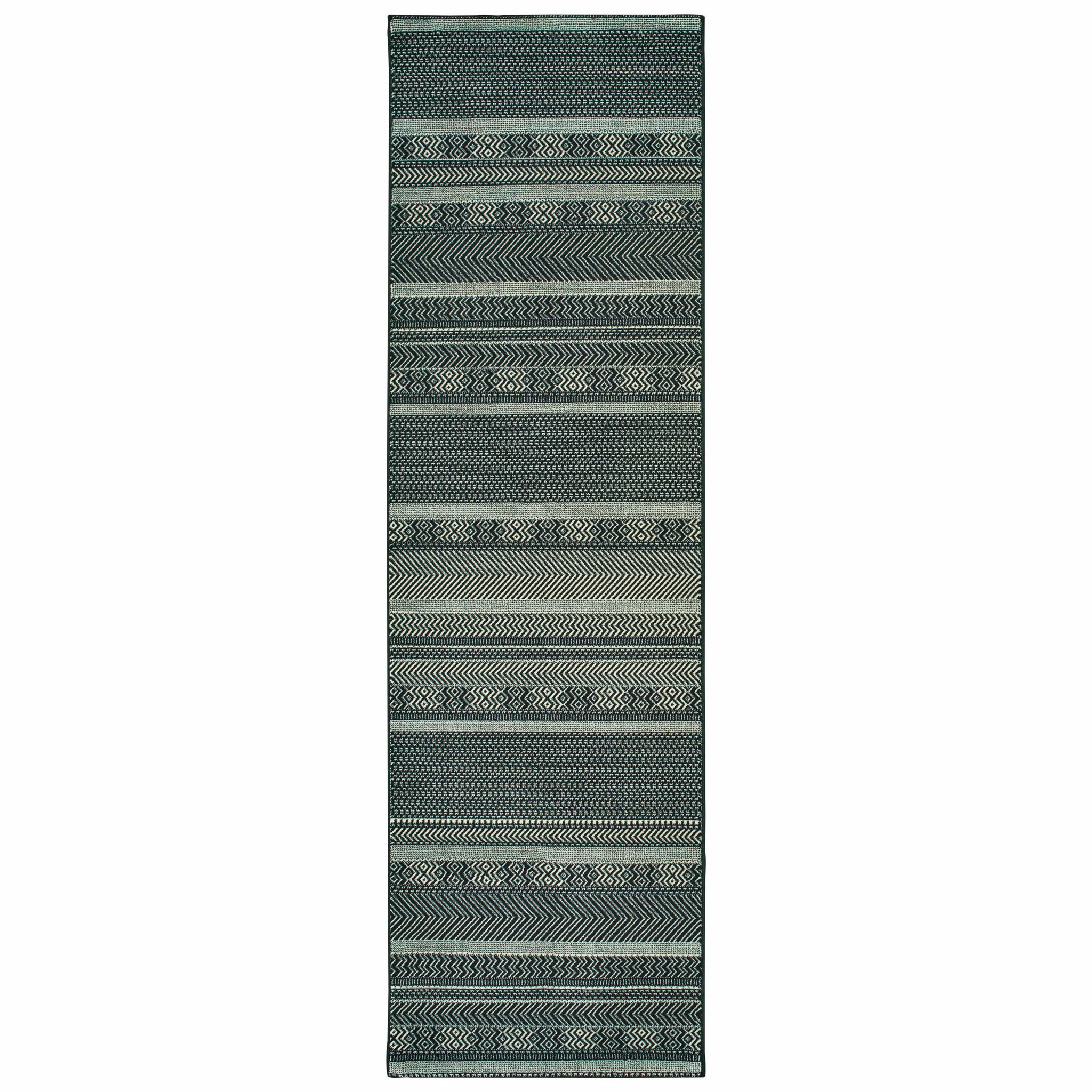 8" Black Ivory Machine Woven Geometric Indoor Runner Rug