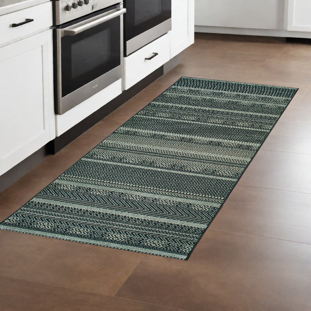 8" Black Ivory Machine Woven Geometric Indoor Runner Rug