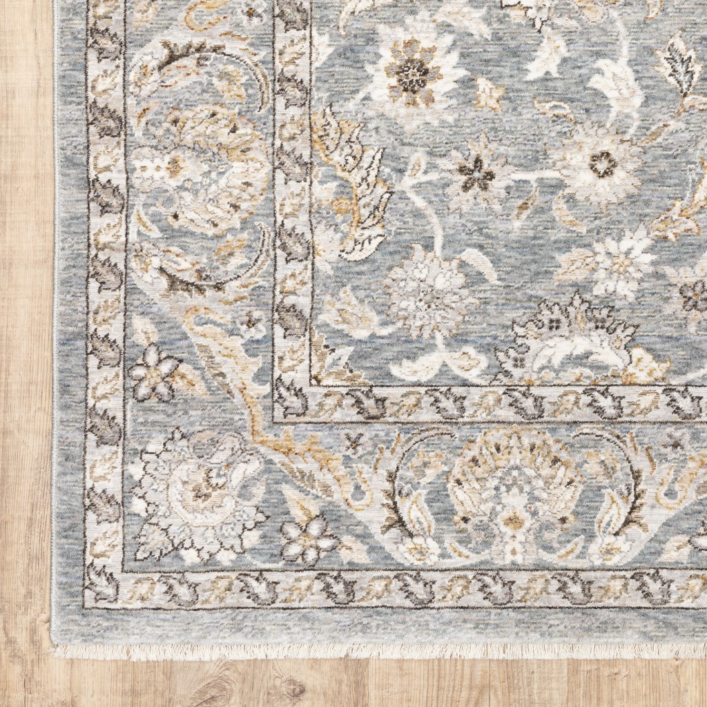 7" X 10" Blue Ivory Machine Woven Floral Oriental Indoor Area Rug