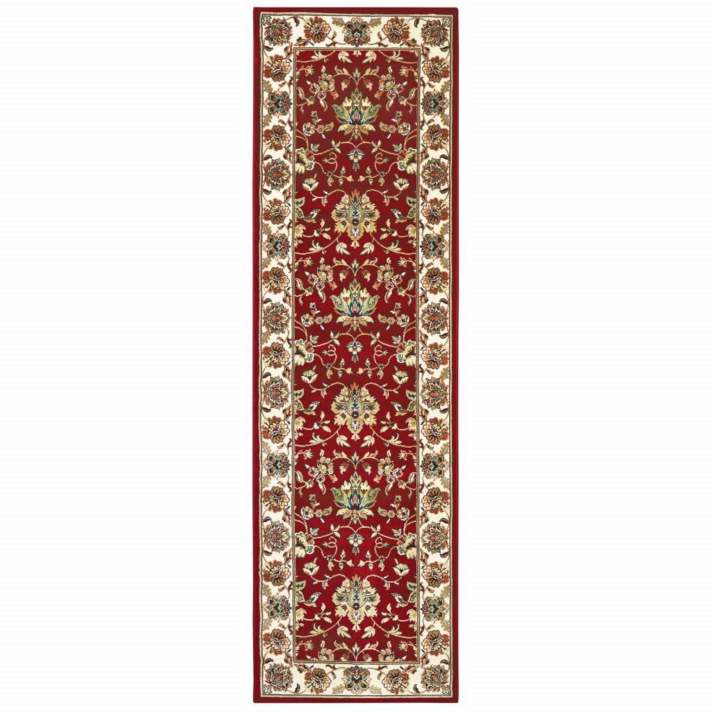 8" Red Ivory Machine Woven Floral Oriental Indoor Runner Rug