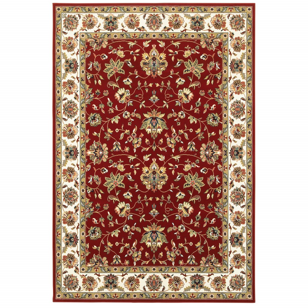 6" X 9" Red Ivory Machine Woven Floral Oriental Indoor Area Rug