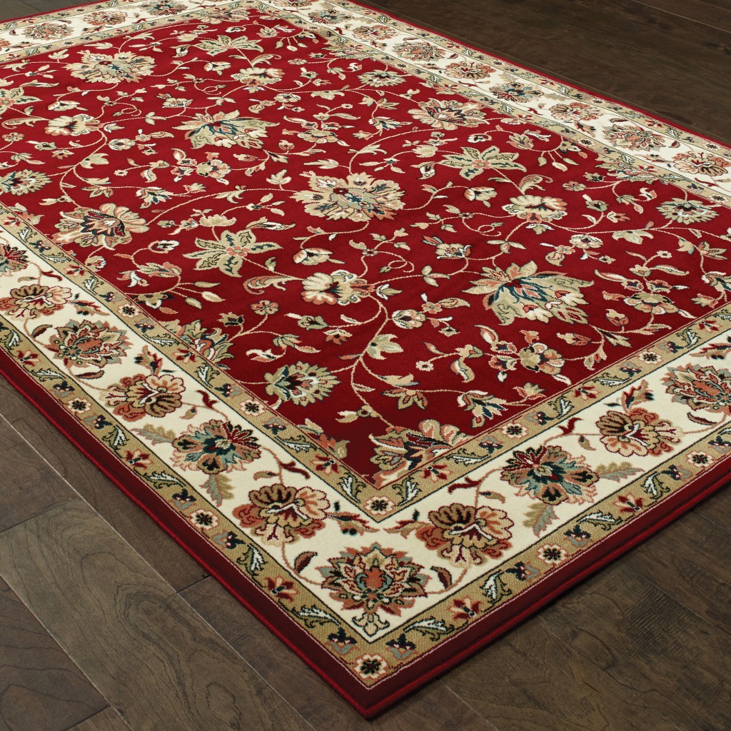 6" X 9" Red Ivory Machine Woven Floral Oriental Indoor Area Rug