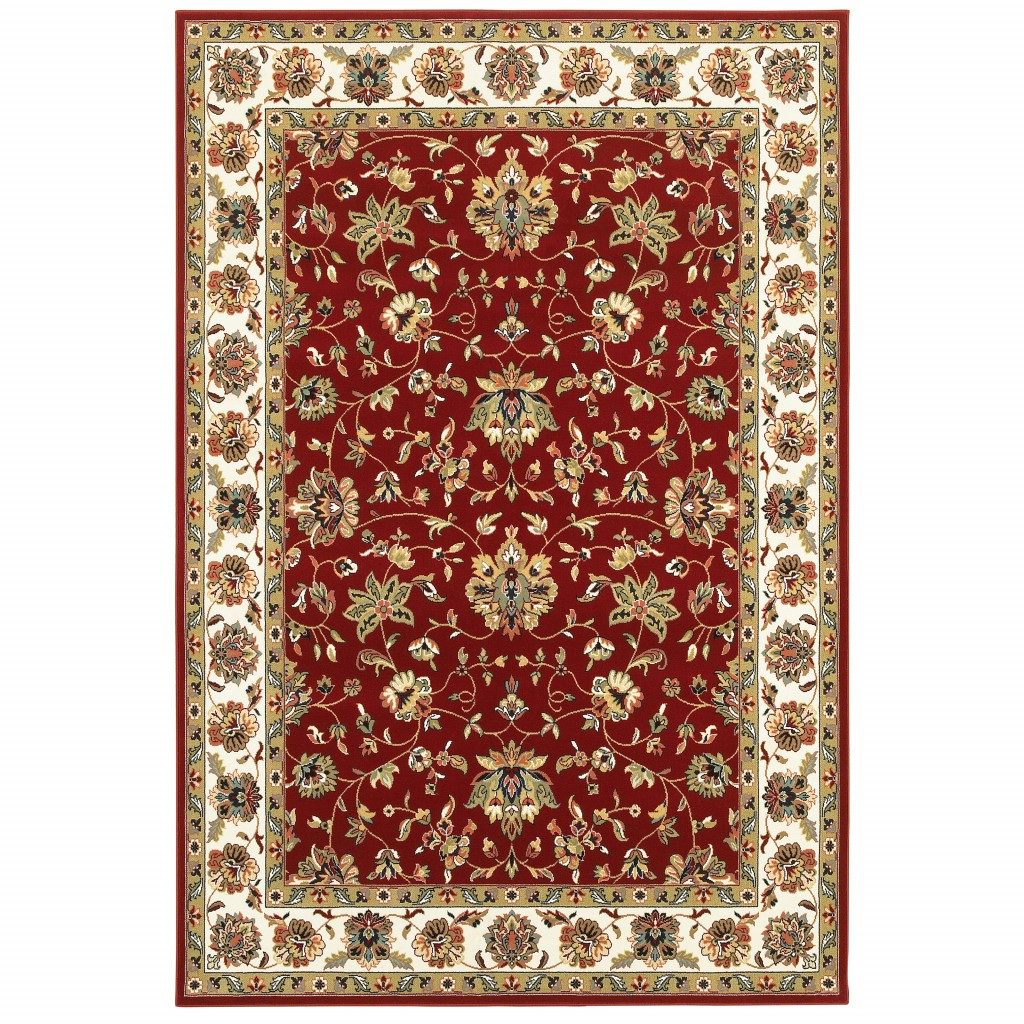 6" X 9" Red Ivory Machine Woven Floral Oriental Indoor Area Rug