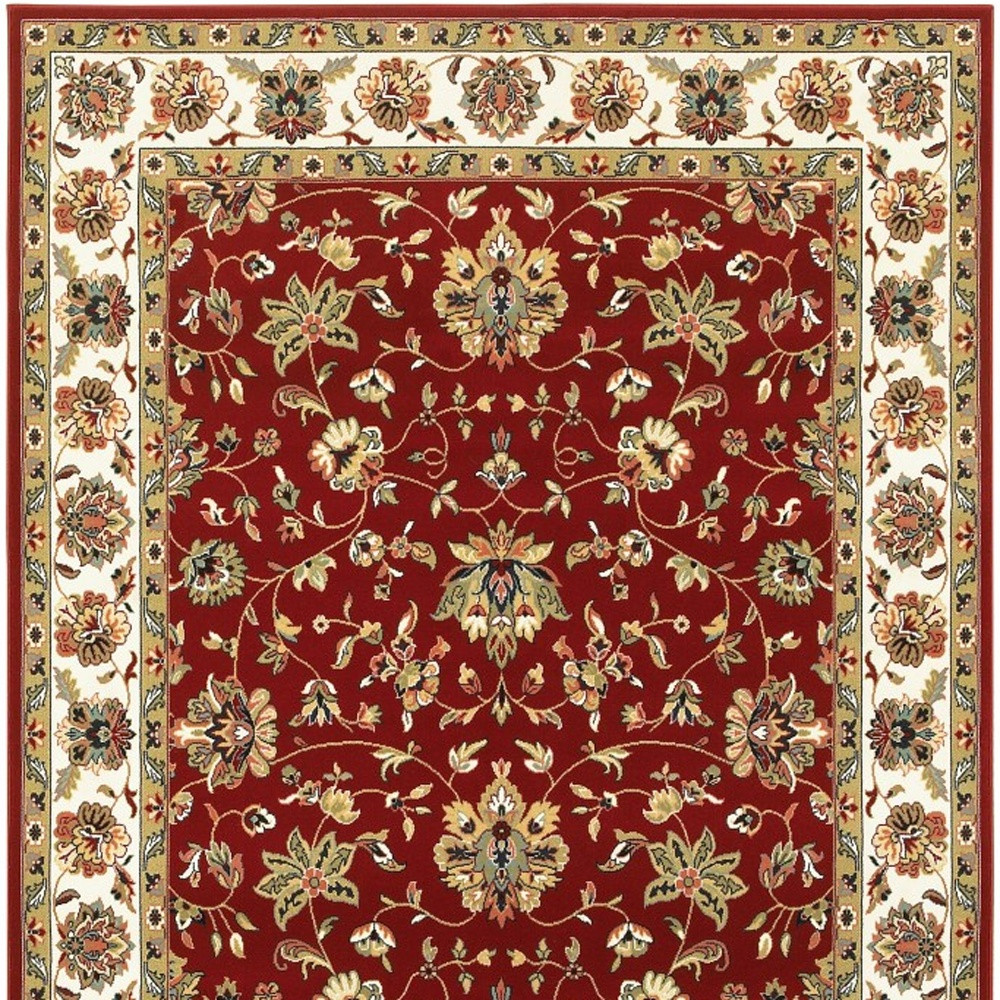 9" X 12" Red Ivory Machine Woven Floral Oriental Indoor Area Rug