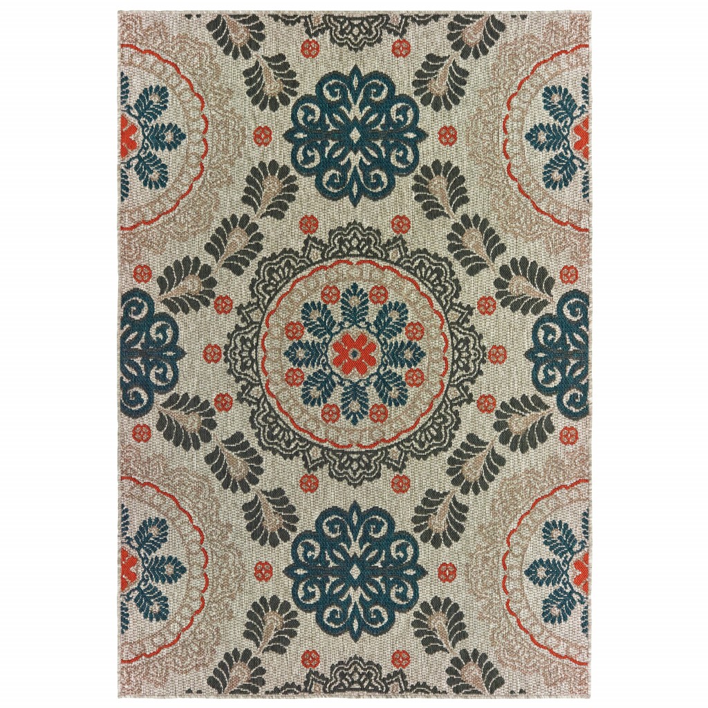 7' x 9' Blue and Gray Damask Indoor Outdoor Area Rug-388350-1