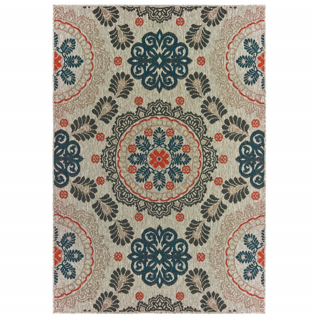 8' X 10' Blue And Gray Damask Indoor Outdoor Area Rug-388351-1