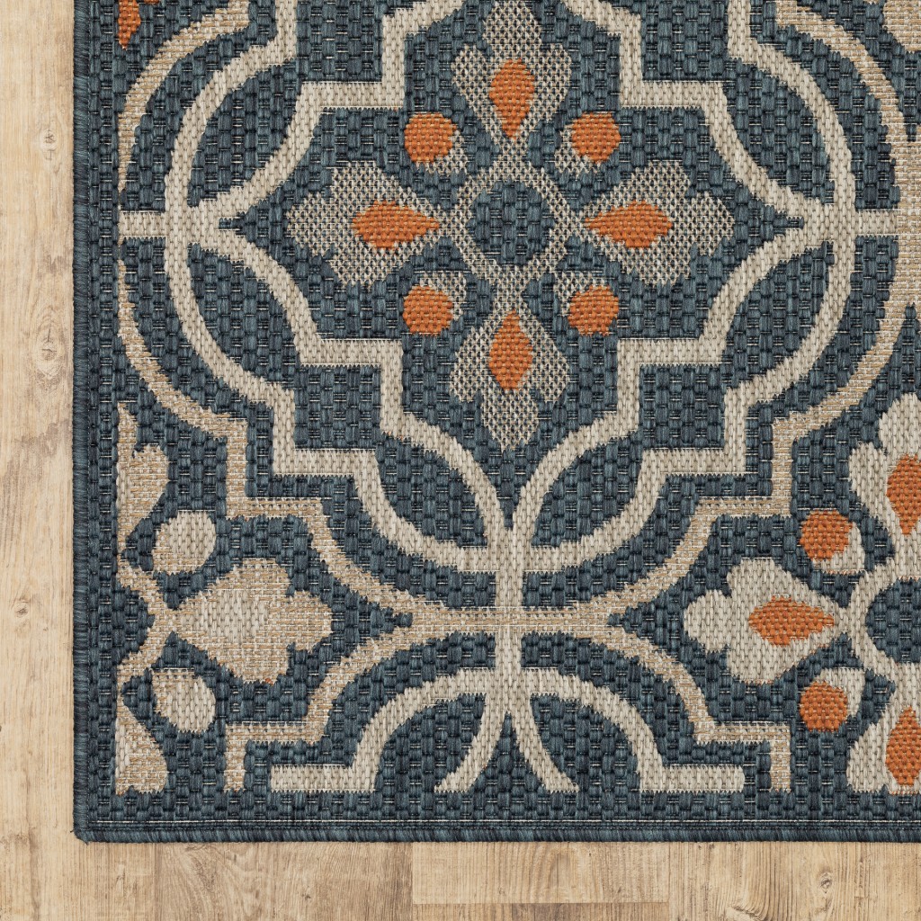 10'X13' Blue Orange Floral Lattice Indoor Outdoor Area Rug