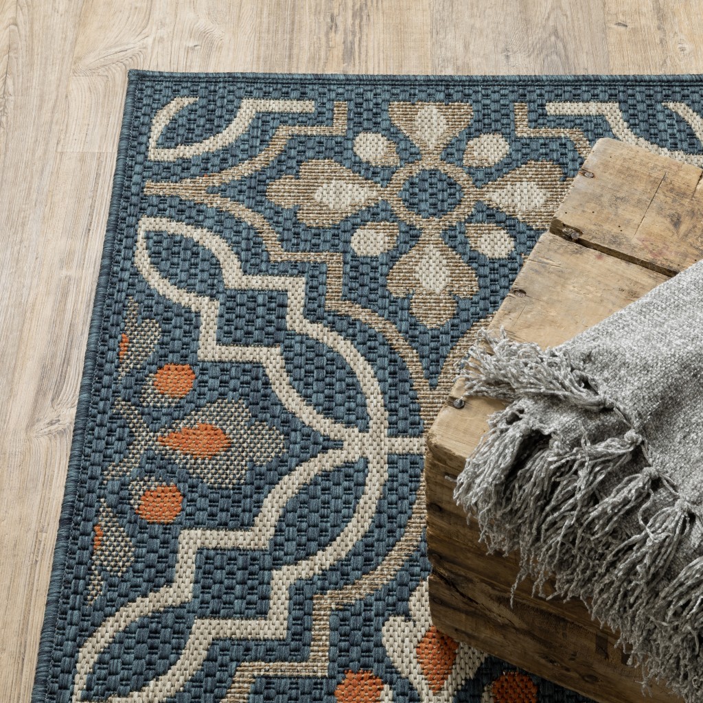 10'X13' Blue Orange Floral Lattice Indoor Outdoor Area Rug
