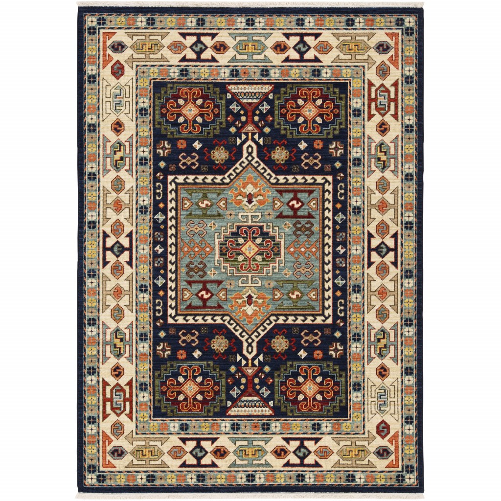 2" X 3" Blue Ivory Machine Woven Medallion Indoor Area Rug