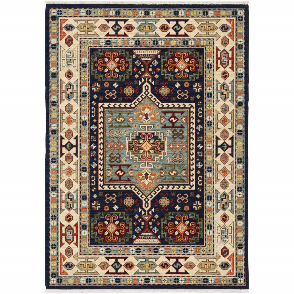 2' X 3' Blue Ivory Machine Woven Medallion Indoor Area Rug-388365-1