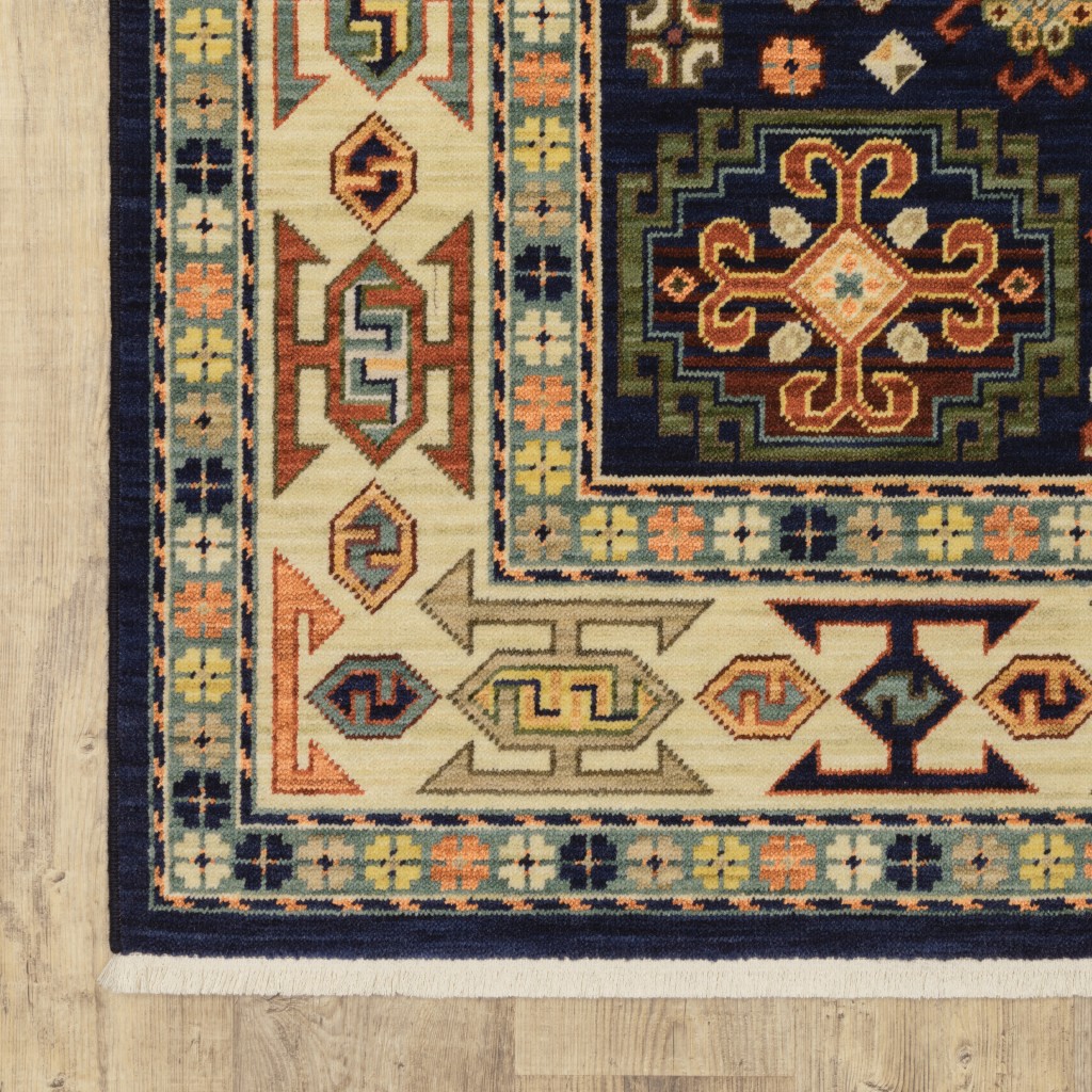 2" X 3" Blue Ivory Machine Woven Medallion Indoor Area Rug