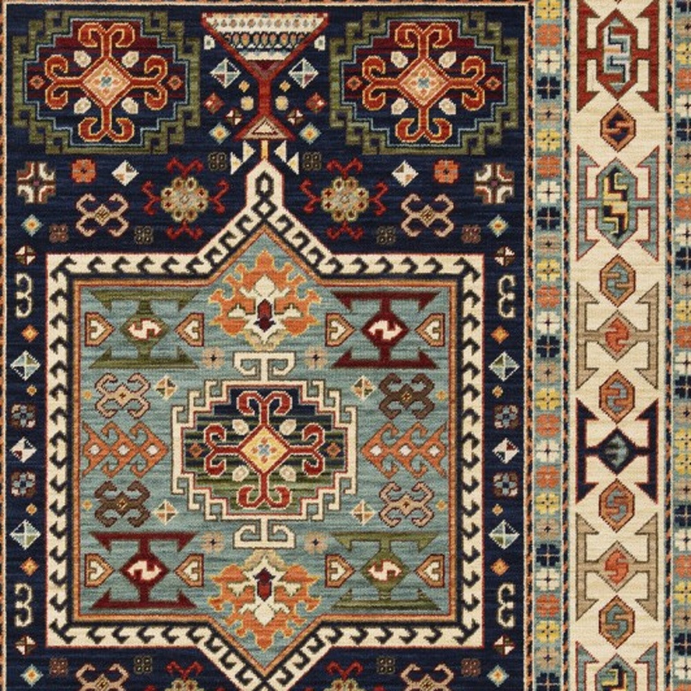 2" X 3" Blue Ivory Machine Woven Medallion Indoor Area Rug