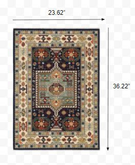 2" X 3" Blue Ivory Machine Woven Medallion Indoor Area Rug
