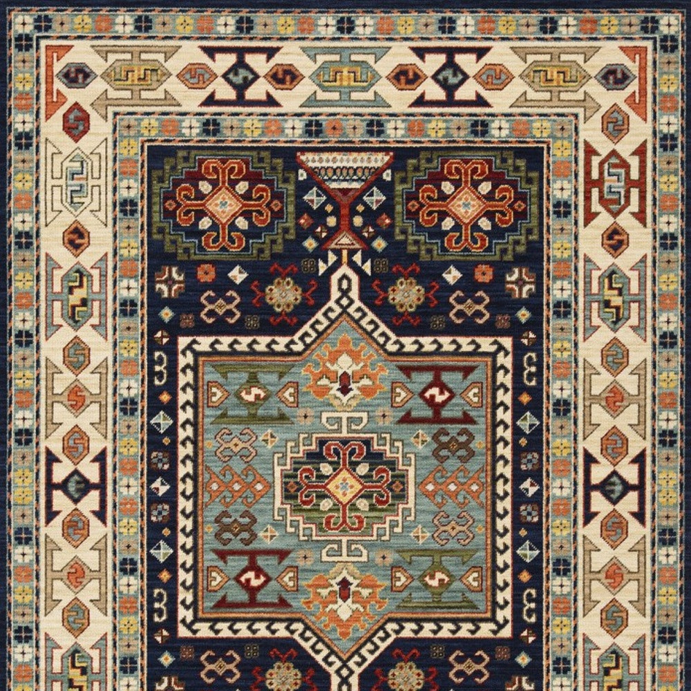 2" X 3" Blue Ivory Machine Woven Medallion Indoor Area Rug