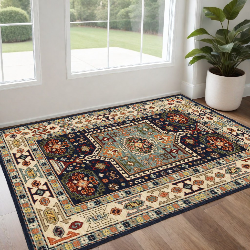 2" X 3" Blue Ivory Machine Woven Medallion Indoor Area Rug
