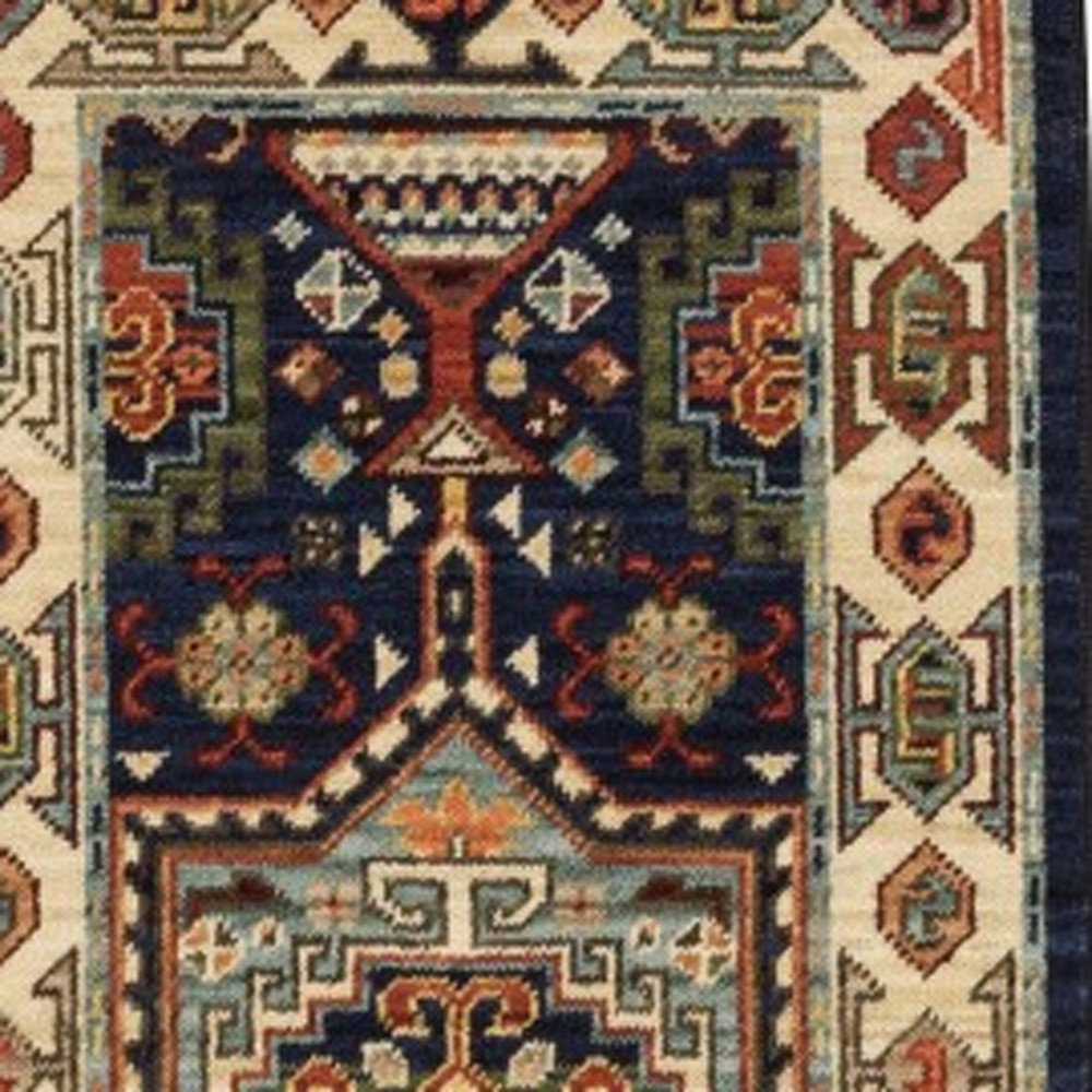 6" Blue Ivory Machine Woven Medallion Indoor Runner Rug