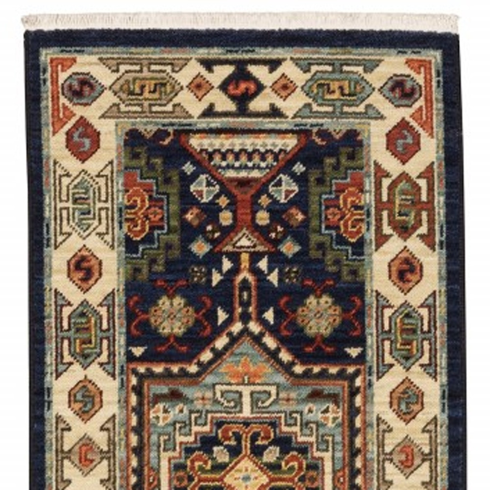 6" Blue Ivory Machine Woven Medallion Indoor Runner Rug
