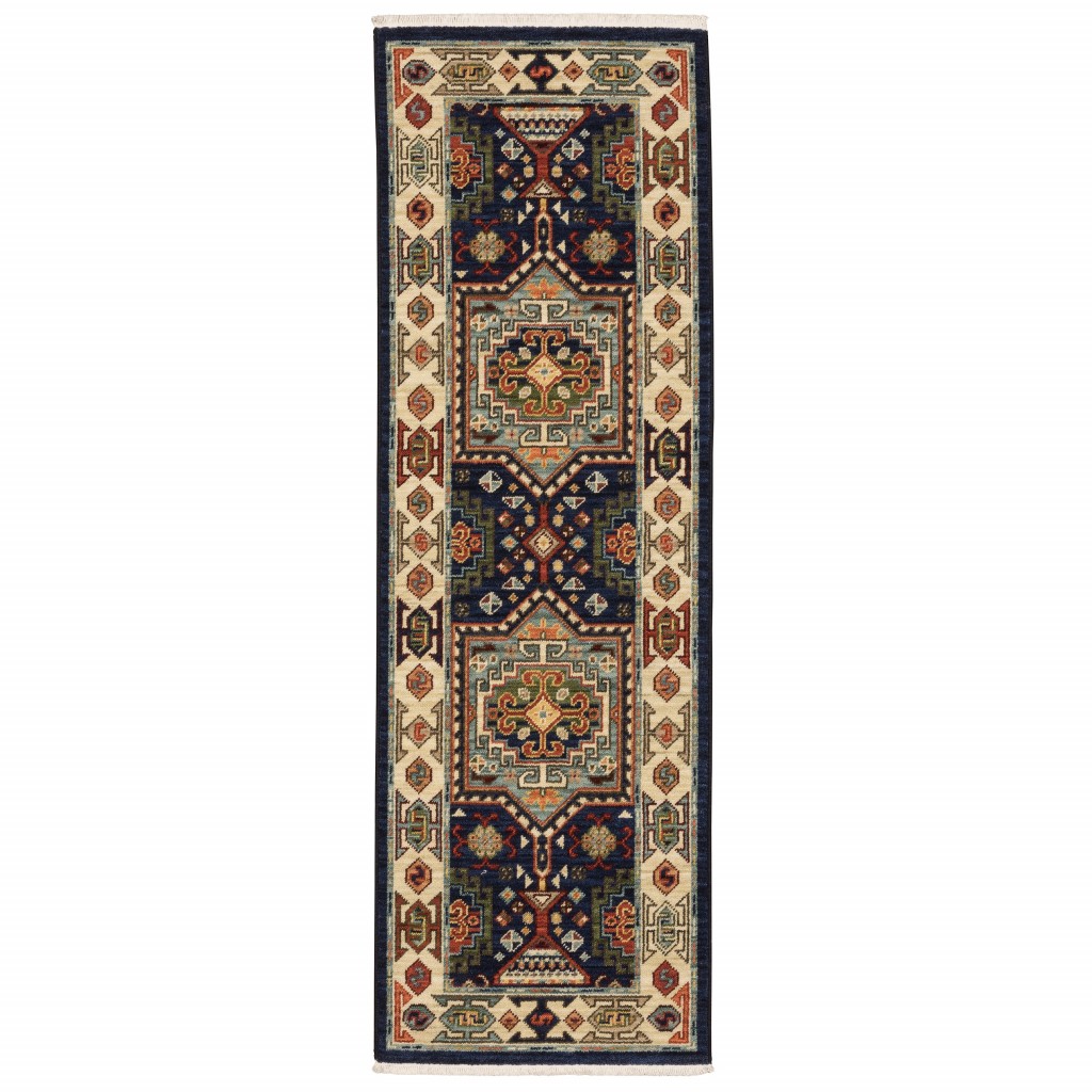 12" Blue Ivory Machine Woven Medallion Indoor Runner Rug