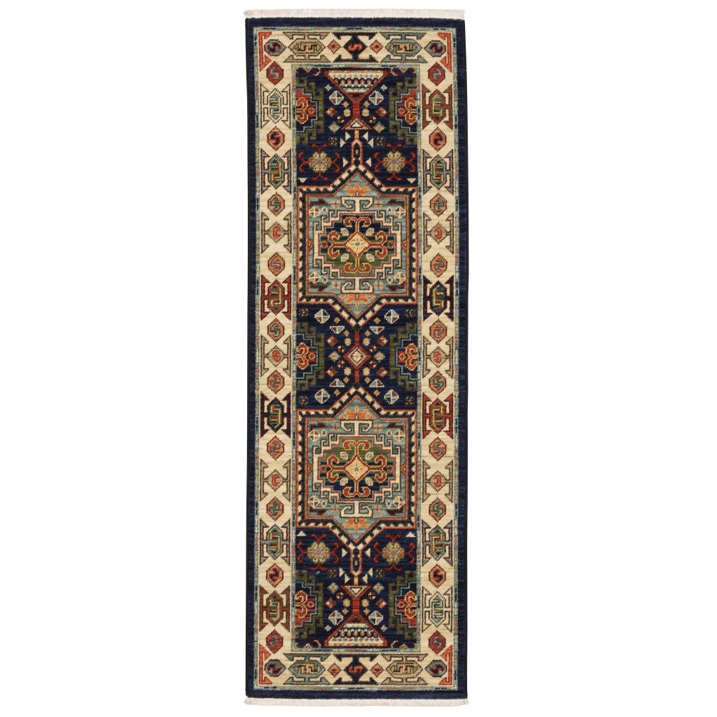 12' Blue Ivory Machine Woven Medallion Indoor Runner Rug-388367-1