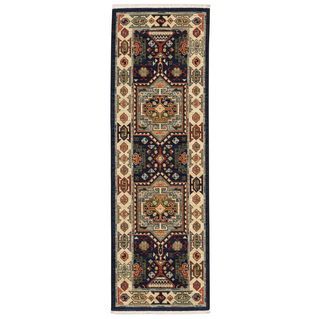 12" Blue Ivory Machine Woven Medallion Indoor Runner Rug