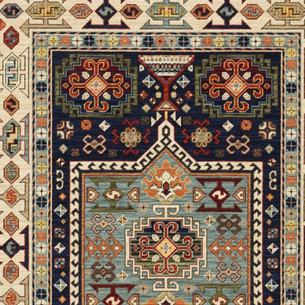 3" X 5" Blue Ivory Machine Woven Medallion Indoor Area Rug