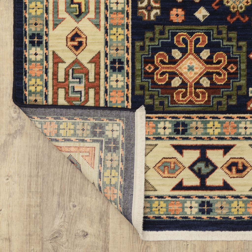 5" X 8" Blue Ivory Machine Woven Medallion Indoor Area Rug