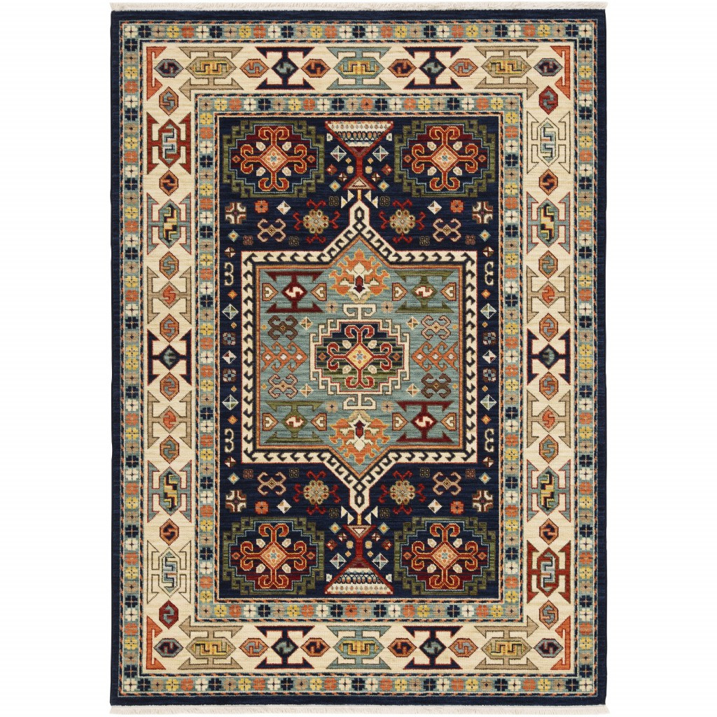 6" X 9" Blue Ivory Machine Woven Medallion Indoor Area Rug