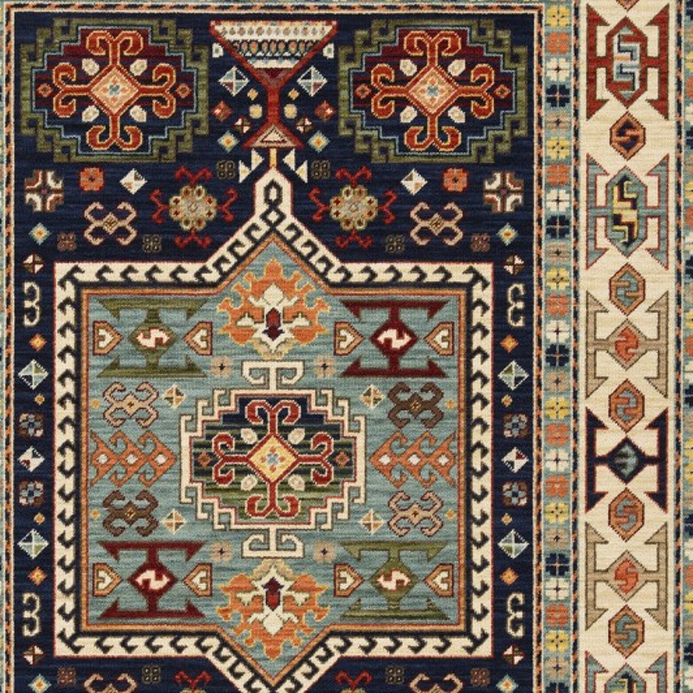 7" X 10" Blue Ivory Machine Woven Medallion Indoor Area Rug