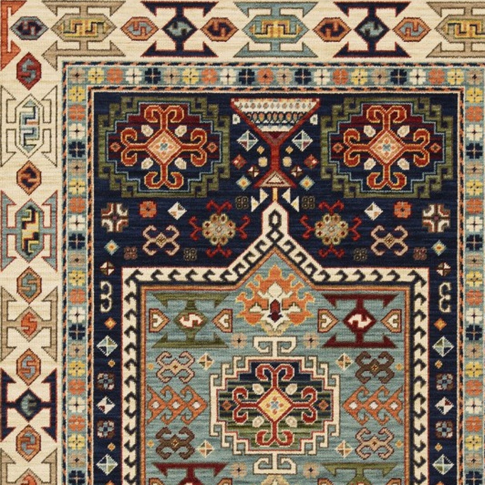 9" X 12" Blue Ivory Machine Woven Medallion Indoor Area Rug