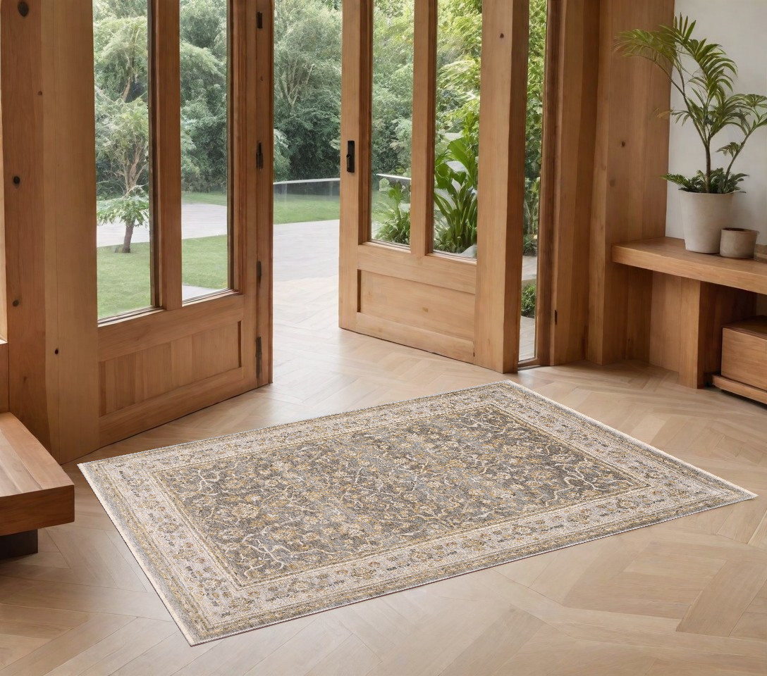 2" X 3" Beige Grey Machine Woven Oriental Indoor Area Rug