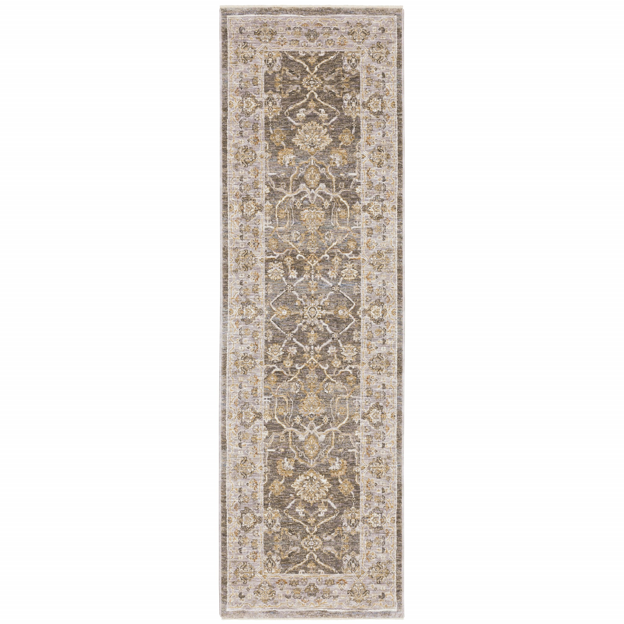 8" Beige Grey Machine Woven Oriental Indoor Runner Rug