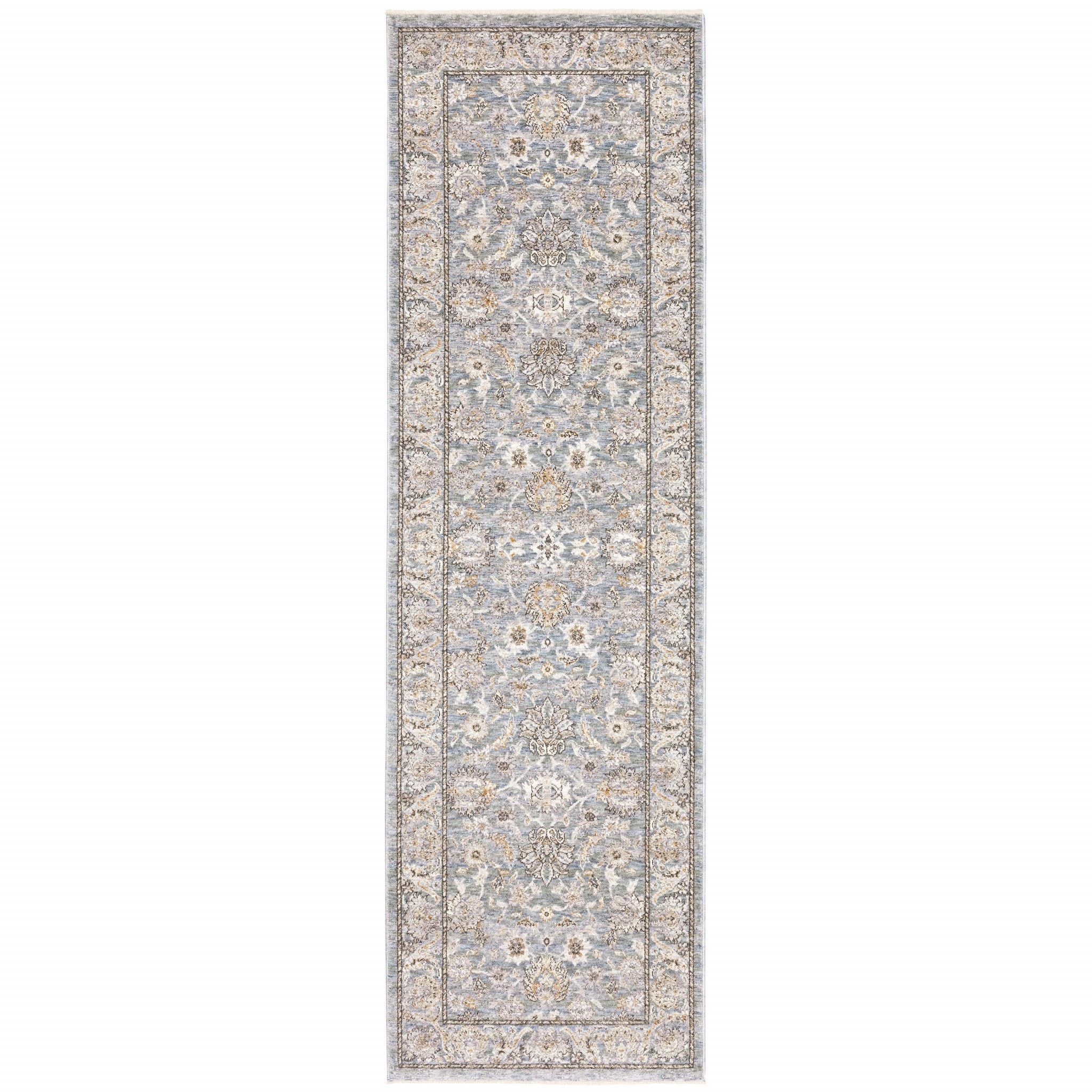 8" Blue Ivory Machine Woven Floral Oriental Indoor Runner