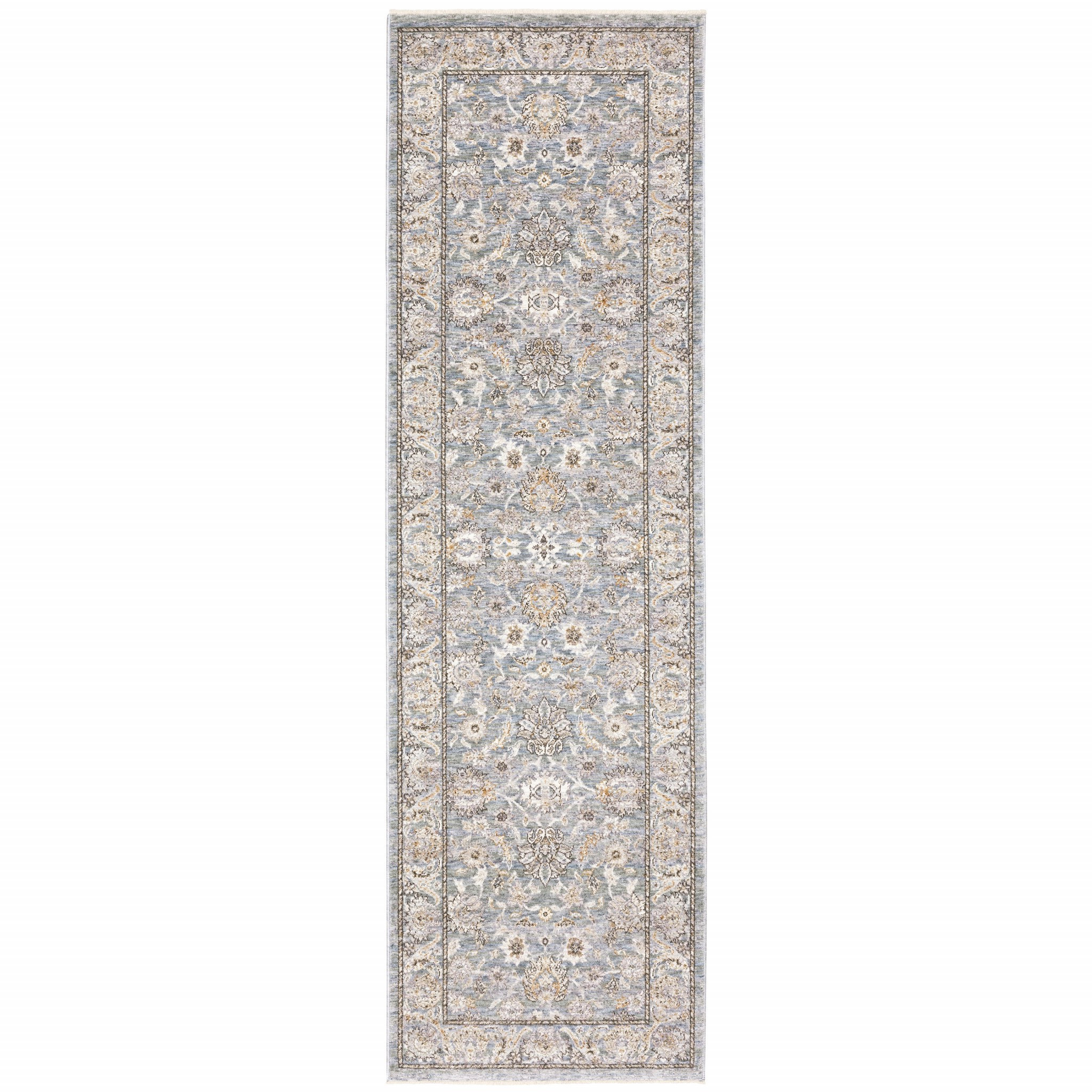 8" Blue Ivory Machine Woven Floral Oriental Indoor Runner